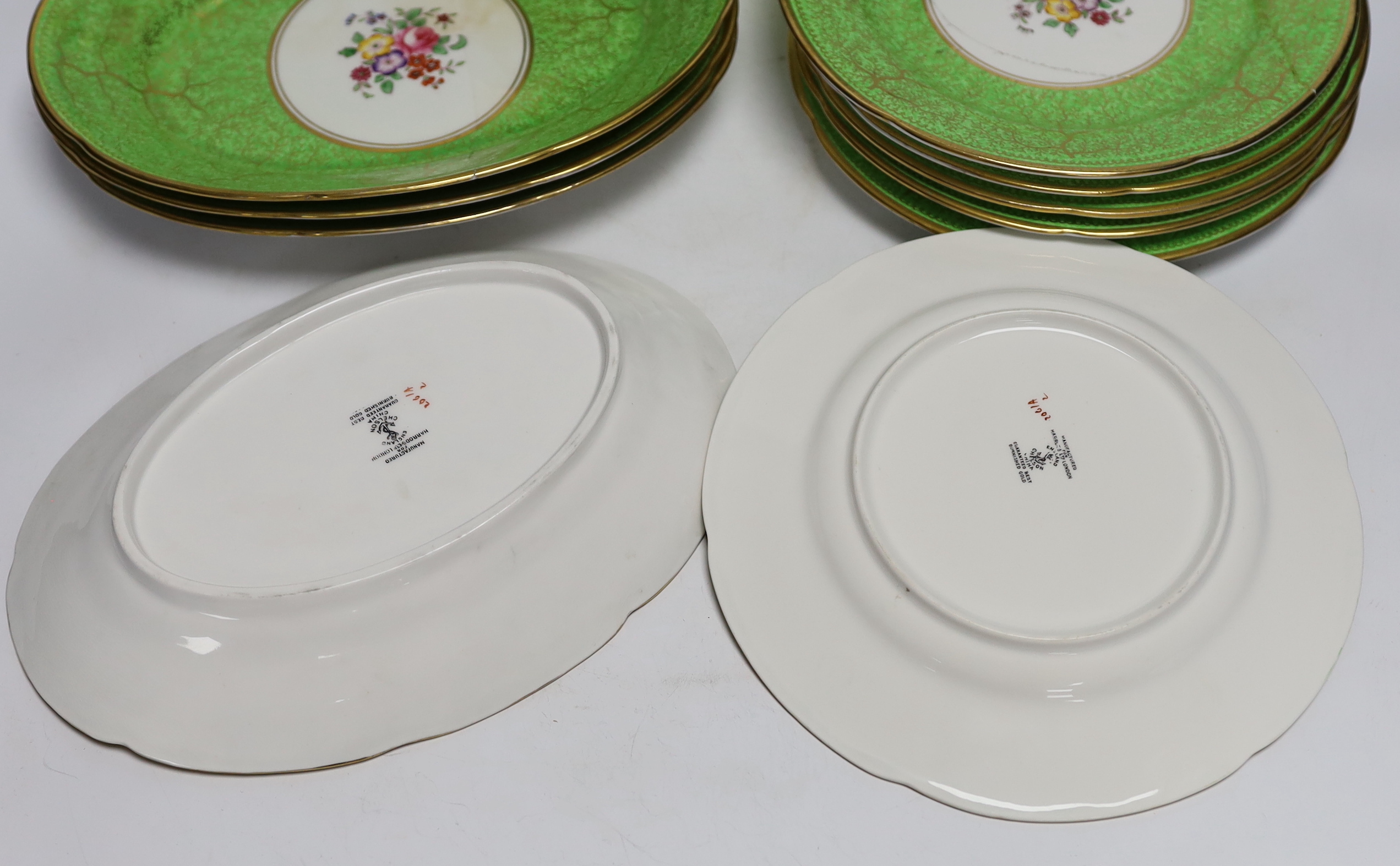 A Chelson China floral part dessert set, manufactured for Harrods, largest 26cm wide